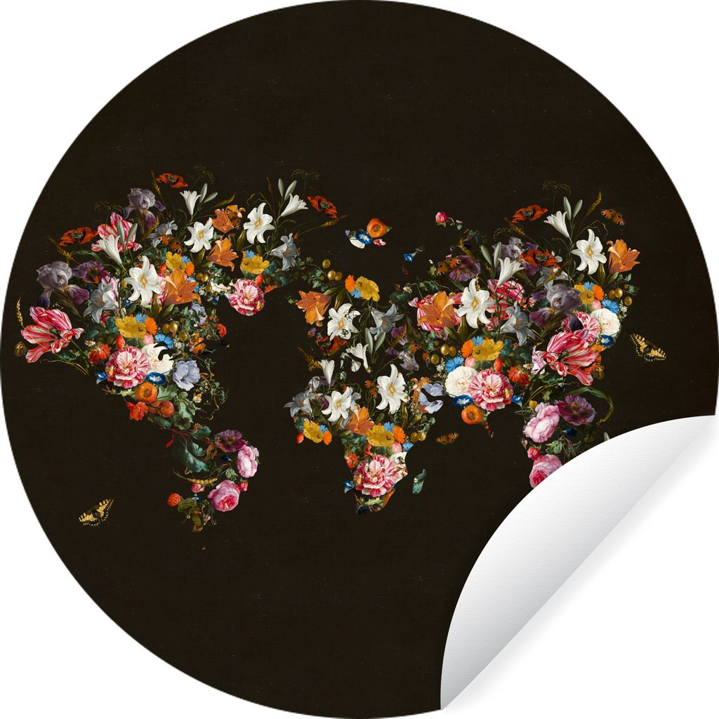 MuchoWow Runde Wandtattoo - Wandsticker Tapete Aufkleber Weltkarte - Rosen - Lilie - Blumen Ø 50 cm Selbstklebend und Repositionierbar - Wandauf...