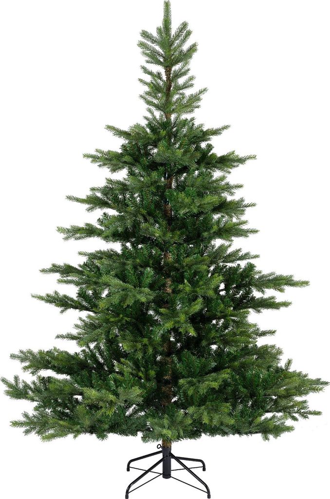 A full shot of a green artificial Christmas tree on a white background.