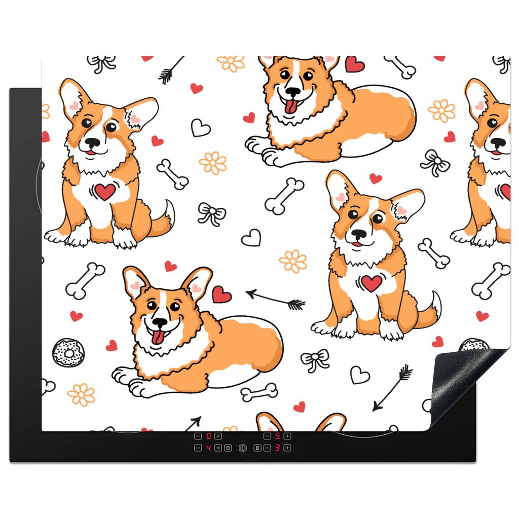 KitchenYeah Herdabdeckplatte Hund - Corgi - Muster , 65x52cm, Küche Deko, Glaskeramikkochfeld Herdabdeckung, Abdeckplatte fùr Kochfeld