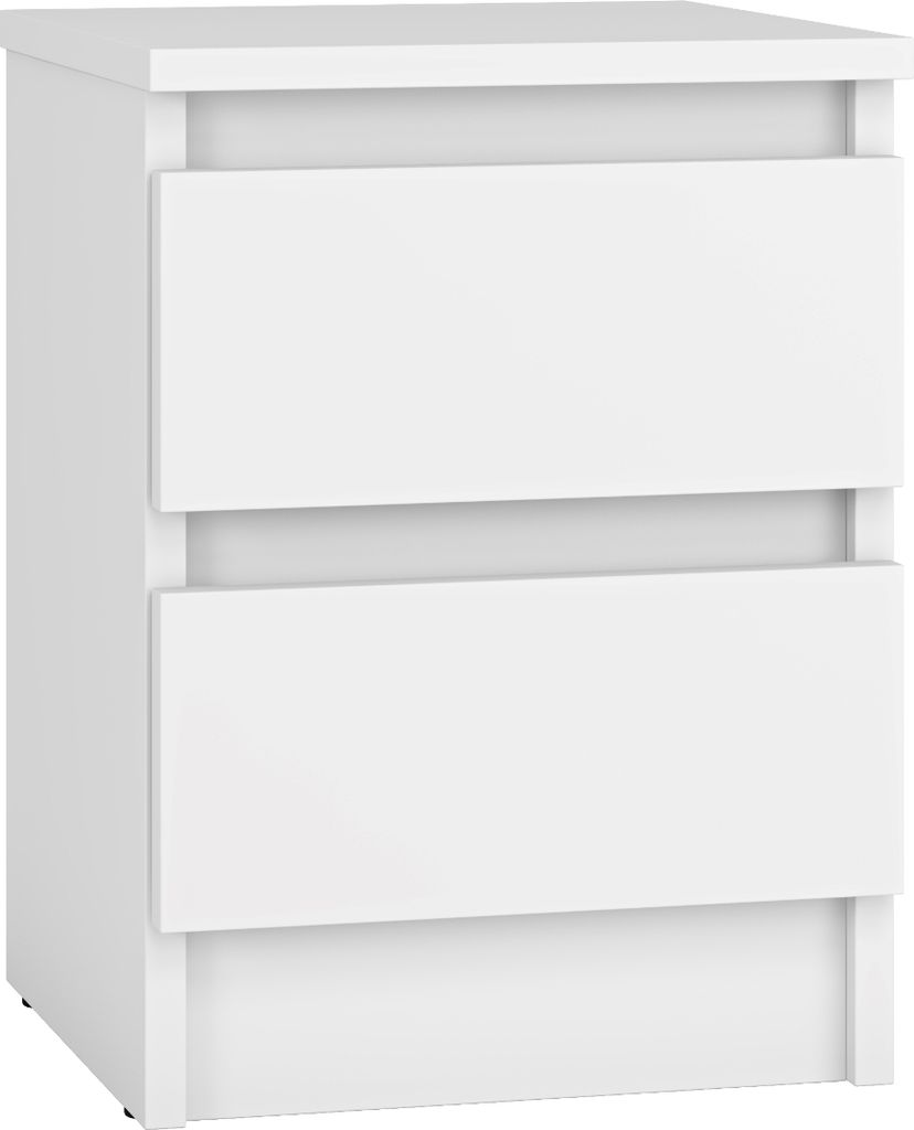 A white bedside table with two drawers.