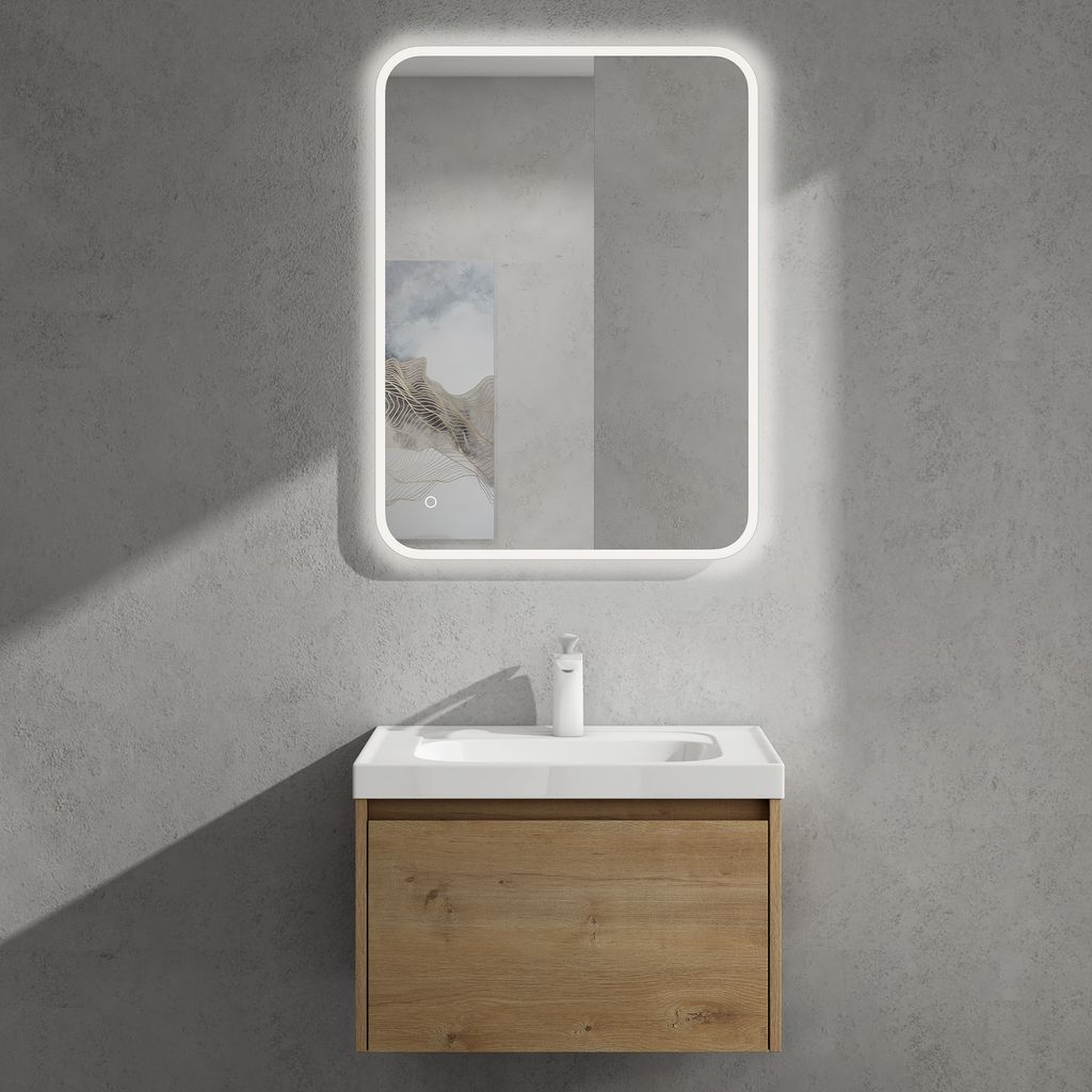 doporro Badmöbelset Waschbecken-Unterschrank mit Soft-close in Kerneiche für Badezimmer 80x50X40cm inkl. Mineralguss-Waschbecken Salerno