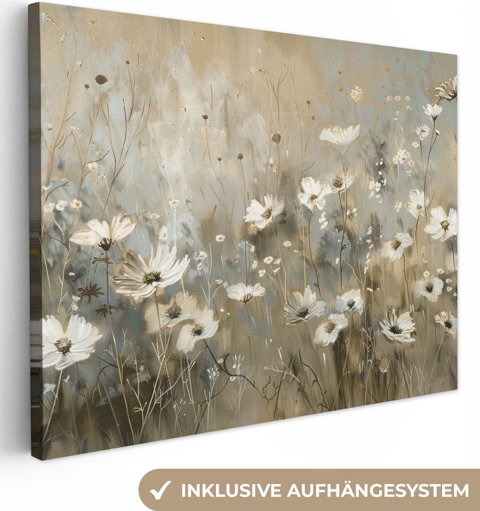 MuchoWow - Leinwandbilder - Blumen - Weiß - Natur - Grau - Modern, Wandbild, Wanddeko Bilder Wohnzimmer, 80x60 cm