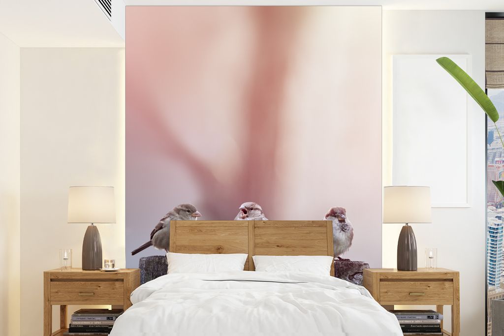 MuchoWow Fototapete für Wohnzimmer oder Schlafzimmer Wandtapete Vinyl Motivtapete Vögel - Spatzen - Pfähle - Holz - 175x240 cm - Schlafzimmert...