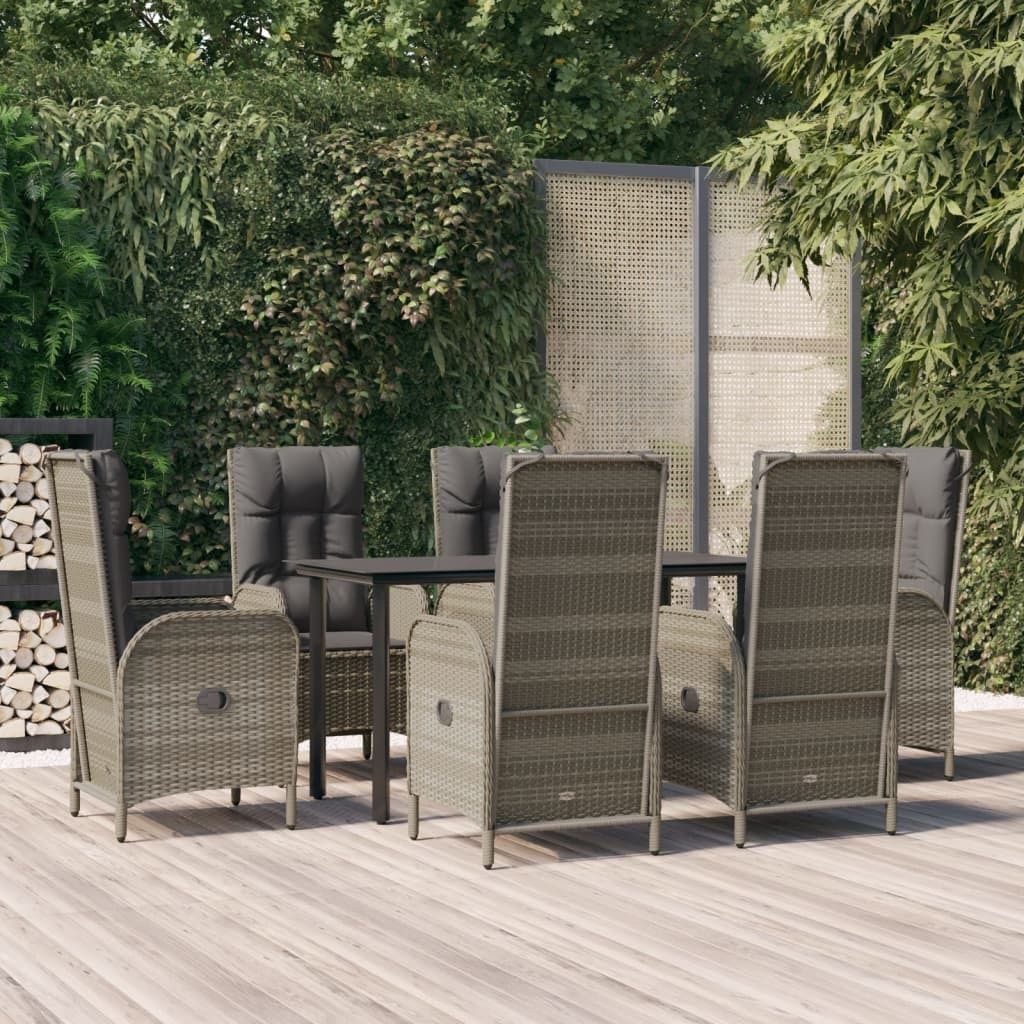The Living Store 7-tlg. Garten-Essgruppe mit Kissen Schwarz und Grau Poly Rattan