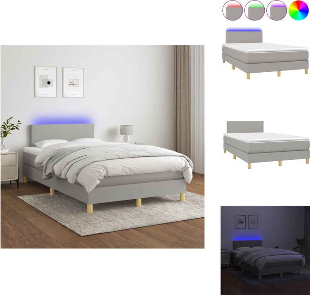 vidaXL Boxspringbett mit Matratze & LED Hellgrau 120x200 cm Stoff - Betten & Bettgestelle