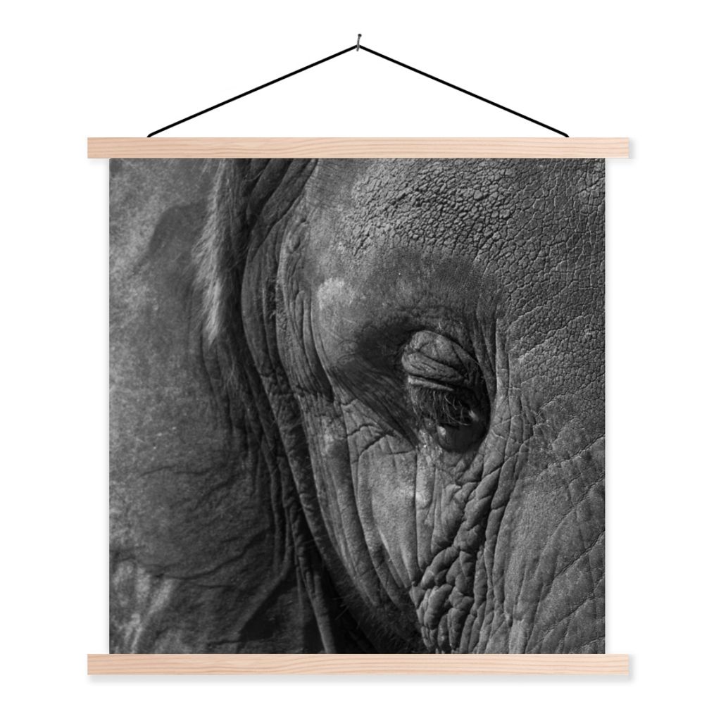MuchoWow Textilposter Elefant - Tiere - Nahaufnahme - Schwarz und weiß 40x40 cm mit holzfarbenen Rahmen - Posterleiste