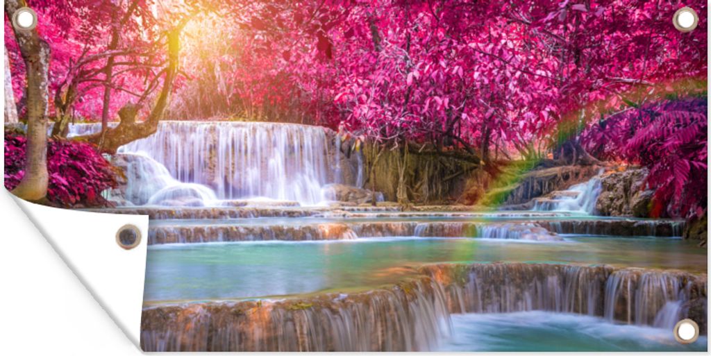 MuchoWow 60x30 cm Outdoor-Poster Gartendeko Sichtschutz Garten Poster für den Garten Wasserfall - Regenbogen - Bäume - Rosa - Natur