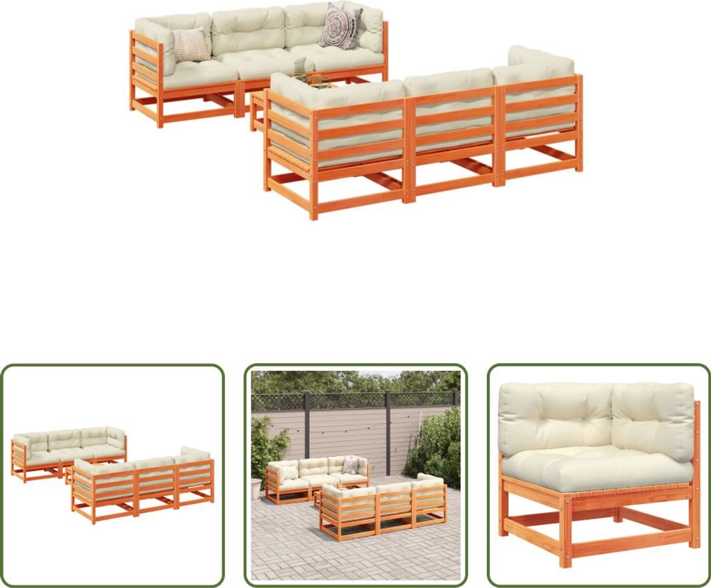 The Living Store 7-tlg. Garten-Sofagarnitur mit Kissen Wachsbraun Kiefernholz