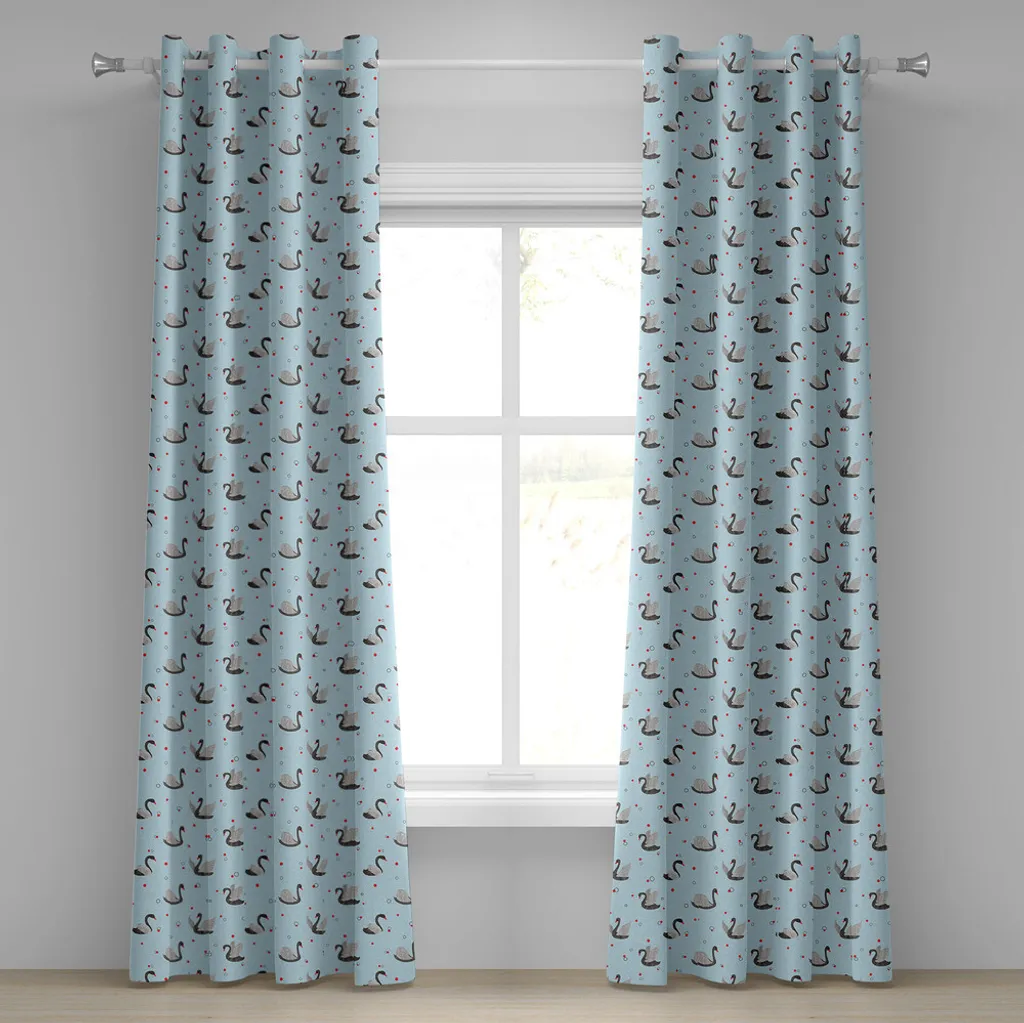 ABAKUHAUS Tenda con occhielli Schwan, cigni scuri su sfondo azzurro con piccoli cerchi neri e puntini rossi, tende decorative a 2 pannelli, 280 cm x 245 cm, grigio azzurro rosso