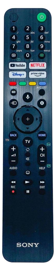 A Sony RMF-TX520E remote control is shown against a dark blue background.