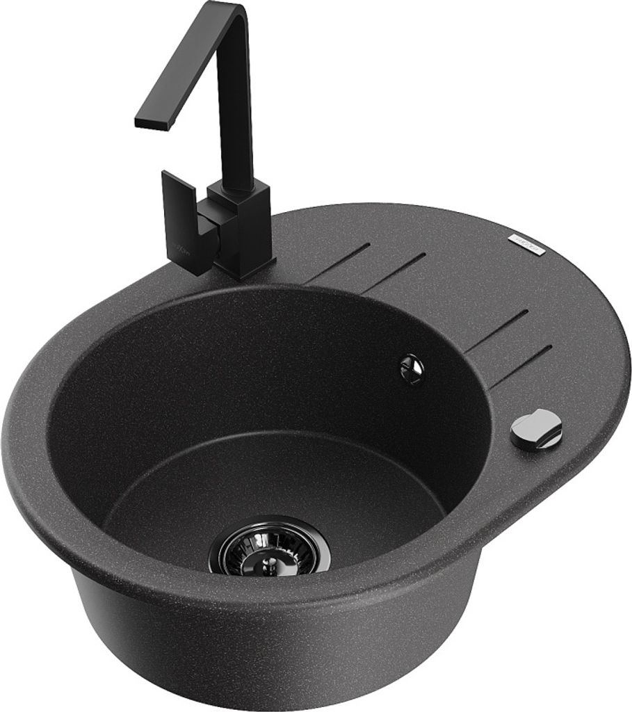 Mexen Kevin 1 Becken-Granitspüle mit Abtropffläche und Mischbatterie Rita, Schwarz gesprenkelt - 6517-76-670300-70-B