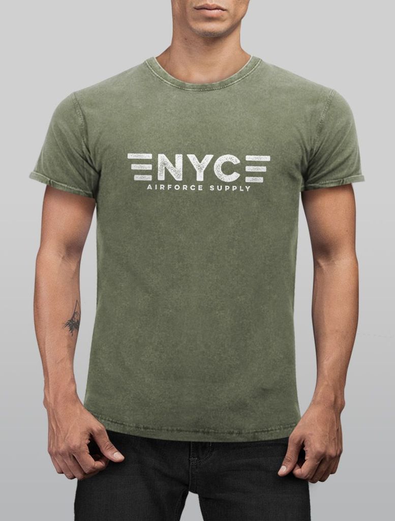 Herren Vintage Shirt Aufdruck NYC New York City Airforce Supply Print Printshirt T-Shirt Used Look Slim Fit Neverless oliv 3XL