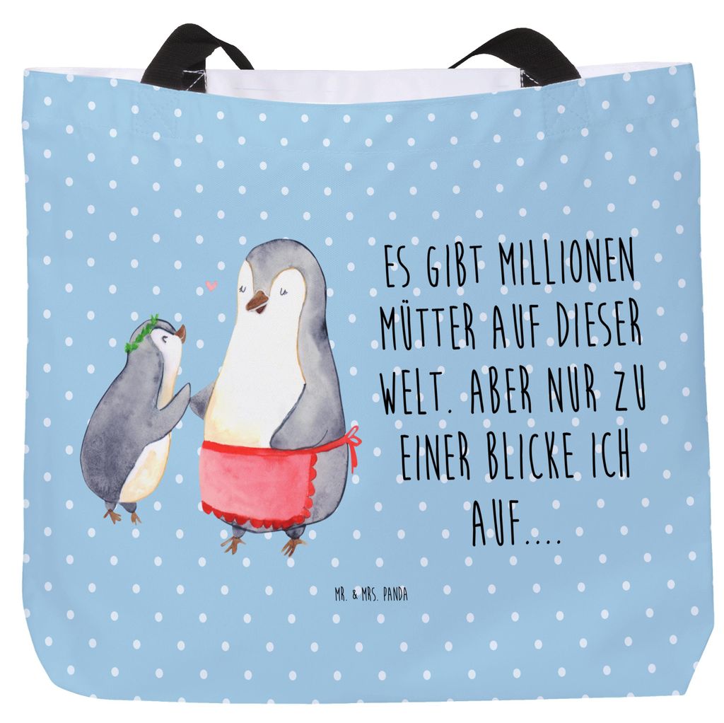 Mr. & Mrs. Panda Schultasche Pinguin mit Kind - Blau Pastell - Geschenk, Stoffbeutel, Strandtasche, Mutter, Vorbild Mama, Muttertag, Tragetasche, B...