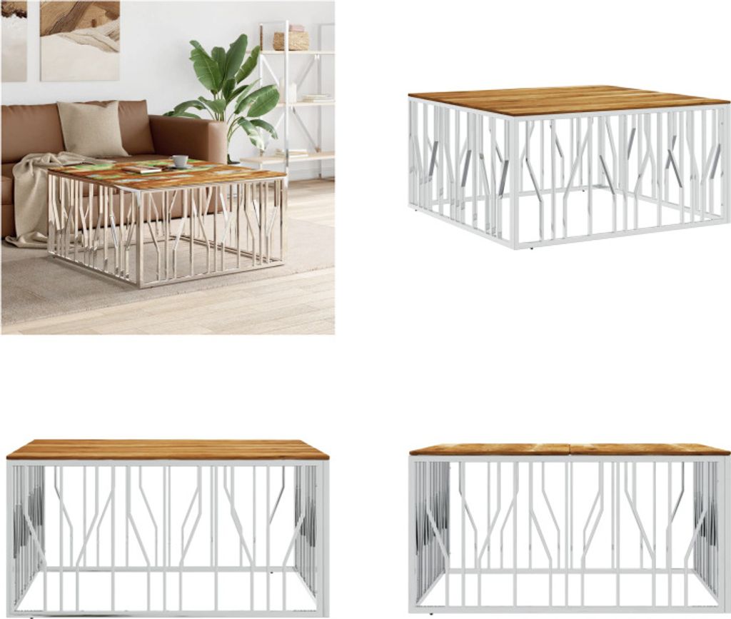 vidaXL Couchtisch Silbern Edelstahl und Massivholz Akazie - Couchtisch - Couchtische - Beistelltisch - Sofatisch