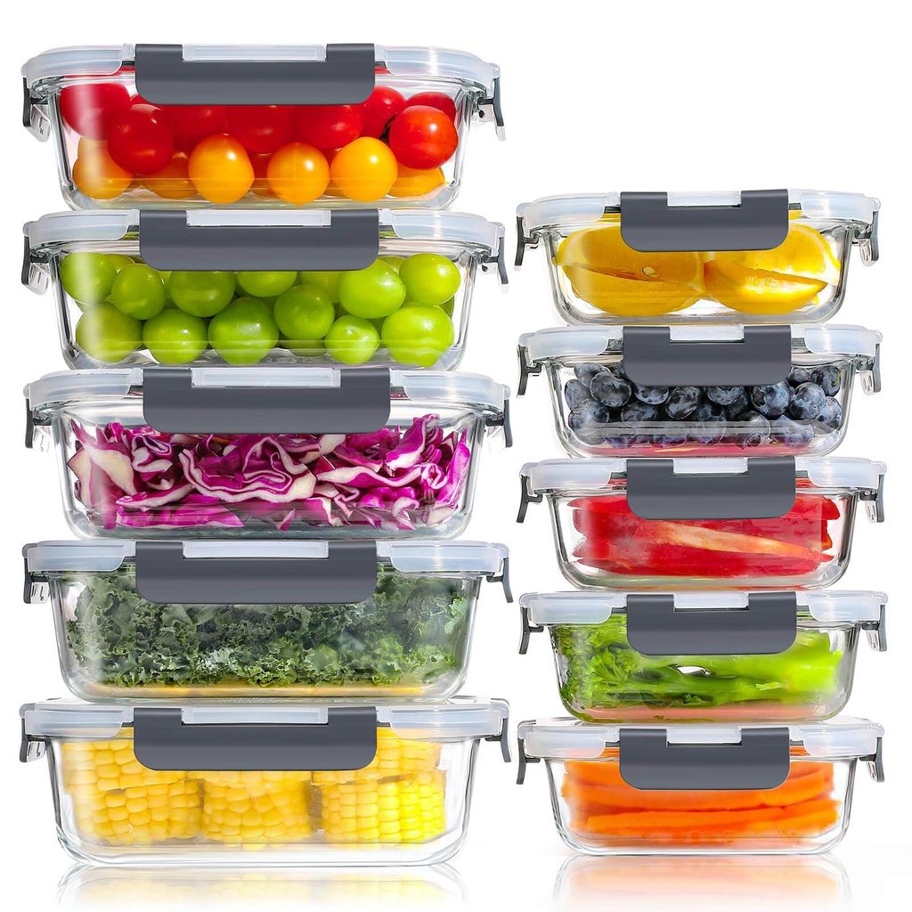 YASHE glazen containers met deksel, 10 stuks, stapelbaar en Productafbeelding 