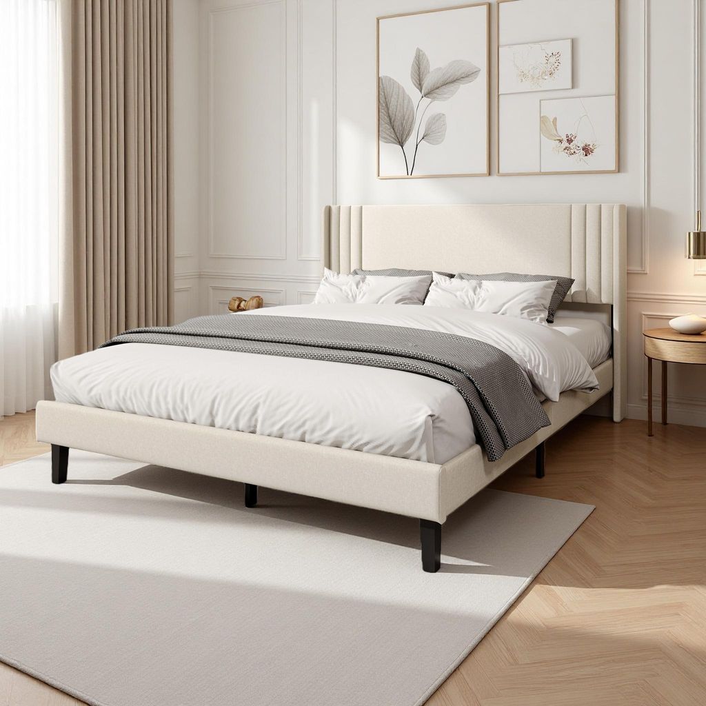 ProximaX Polsterbett Bettrahmen Gepolstertes Bettgestell Stabiles Doppelbett Familienbett für Schlafzimmer Gästezimmer, 140 x 200 cm, Beige
