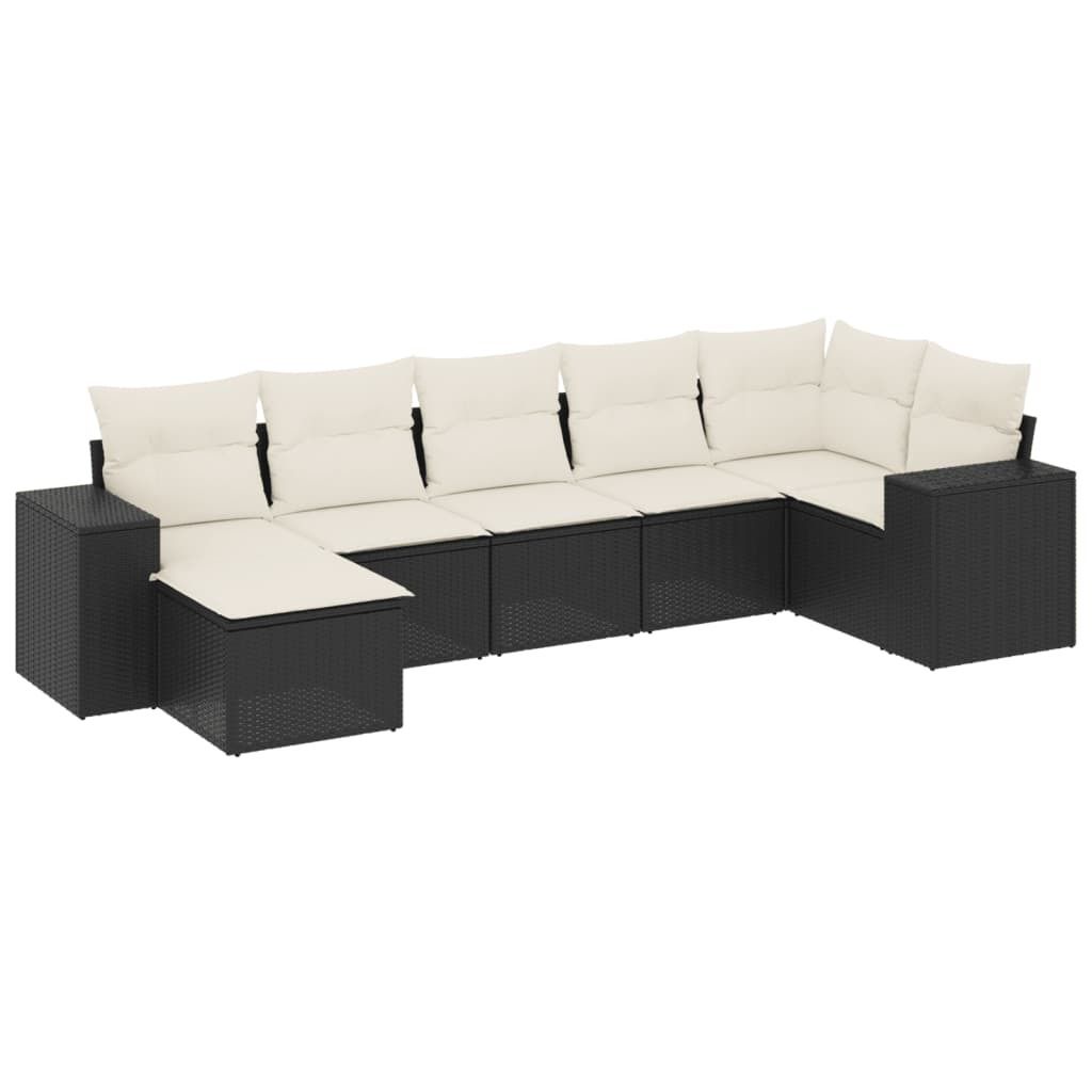 Modulares Gartenmöbel-Set, 7-teilige Sofagarnitur mit Stauraum, Poly Rattan Schwarz, UV-beständig, Cremeweiße Kissen mit waschbaren Bezügen