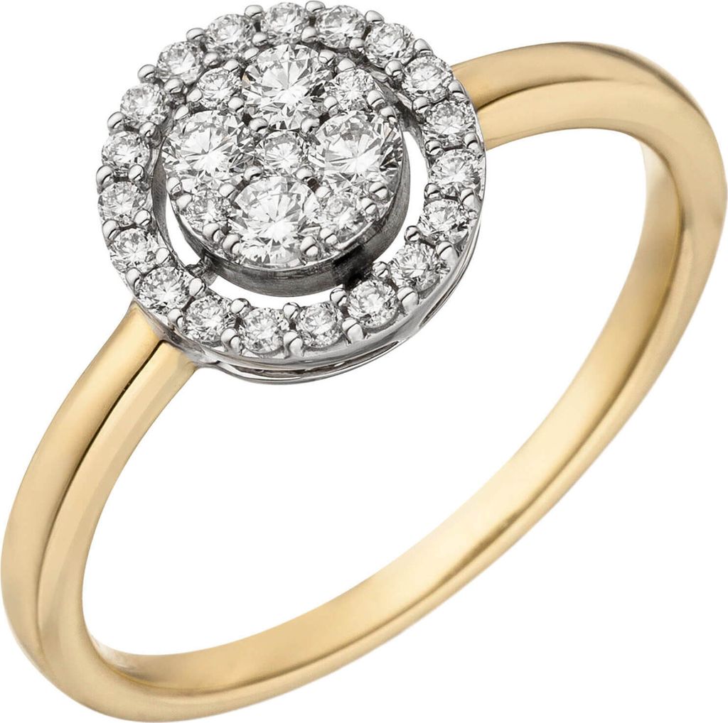Ring Damenring mit 28 Diamanten Brillanten, 585 Gold Gelbgold Weißgold bicolor Innenumfang 54mm Ø17.2mm