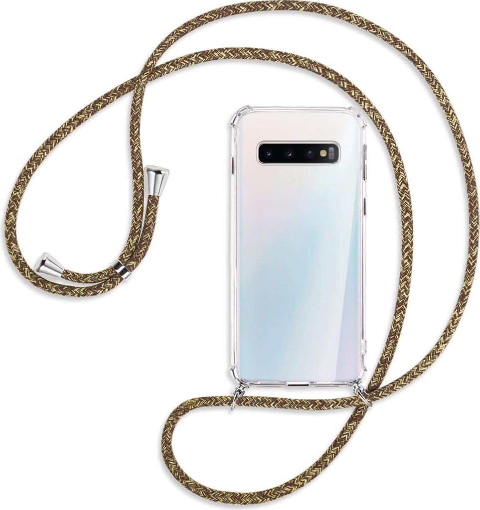 Handykette Backcover-Schutzhülle mit Band (Metall silberfarben) für Samsung Galaxy S10 - braun+beige