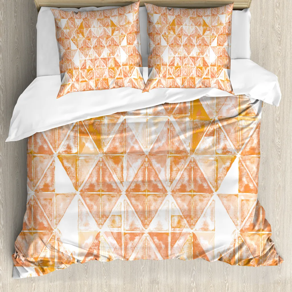 ABAKUHAUS Copripiumino Coral, motivo a triangoli, antiacaro e anallergico, con federe, 155 cm x 220 cm - 80 x 80 cm, arancione corallo e bianco
