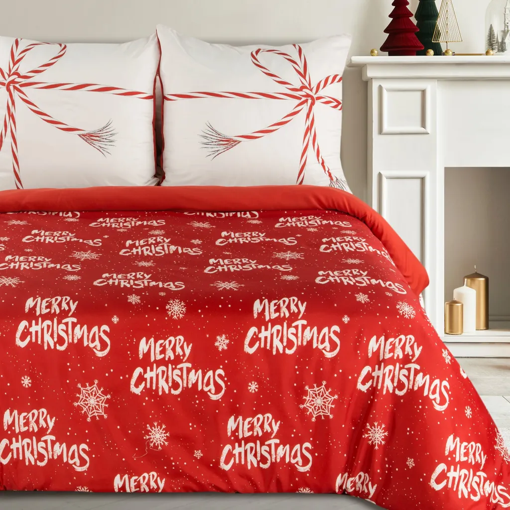 Eurofirany Kevin Linge de Lit 220x200 cm - Parure de Couette Noël Rouge