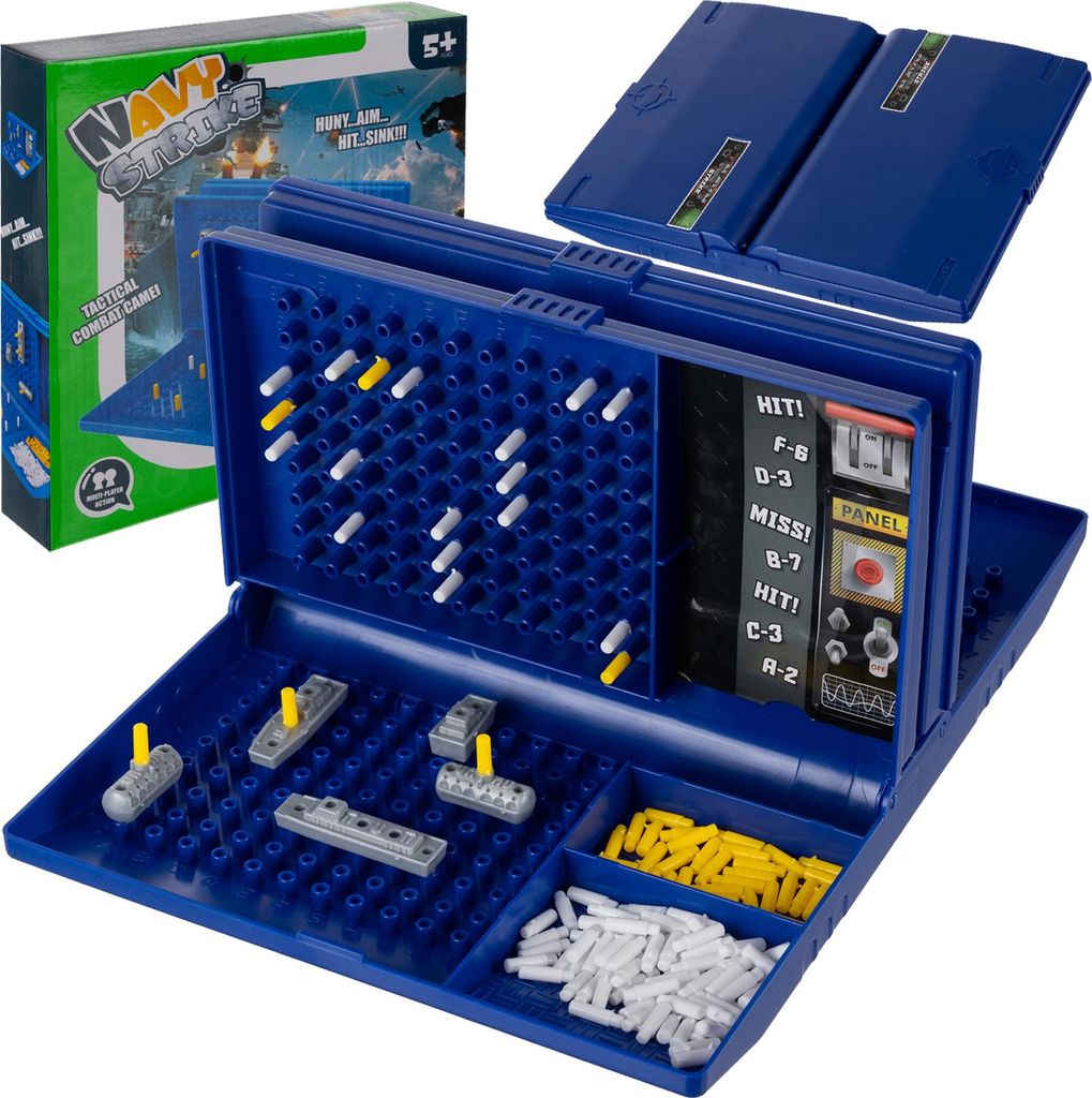 A blue Battleship board game is displayed open, with game pieces and the box in the background.