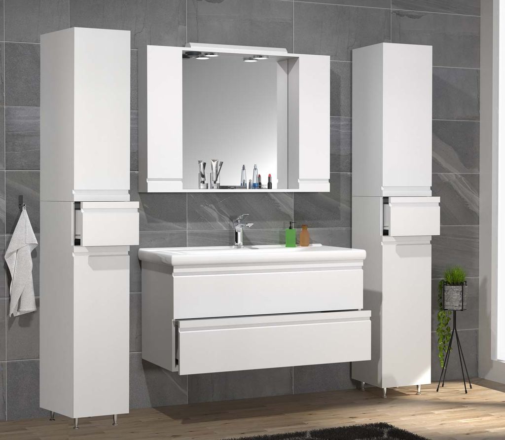 VCM 5-tlg. Waschplatz | Waschtisch Unterschrank 100 cm | Badmöbel Set mit Waschbecken Spiegelschrank Hochschrank | grifflose Schubladen | Komplett...