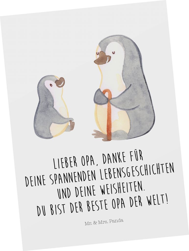 Mr. & Mrs. Panda Postkarte Pinguin Opa Enkel - Weiß - Geschenk, bildkarte, Postkarten, Grußkarte, Muttertag, Ansichtskarte, Kunstkarten, Weisheit...