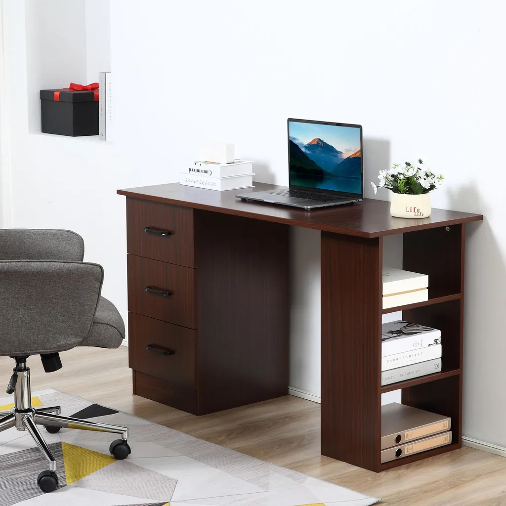Table informatique réversible avec tiroirs et étagères, bois noyer - 4