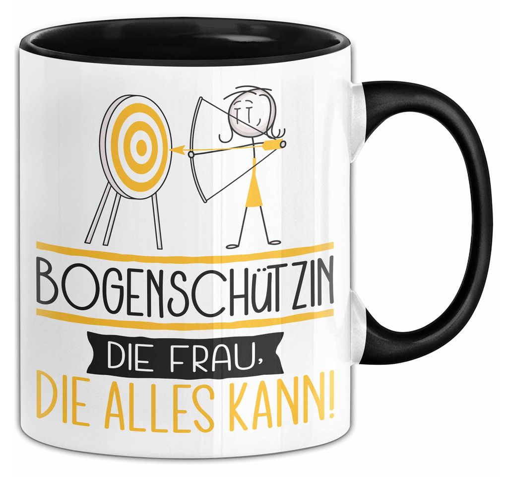 Bogenschützin Geschenk Tasse Becher Die Frau Die Allen Kann Geschenkidee für eine Bogenschützin Lustig (Schwarz)