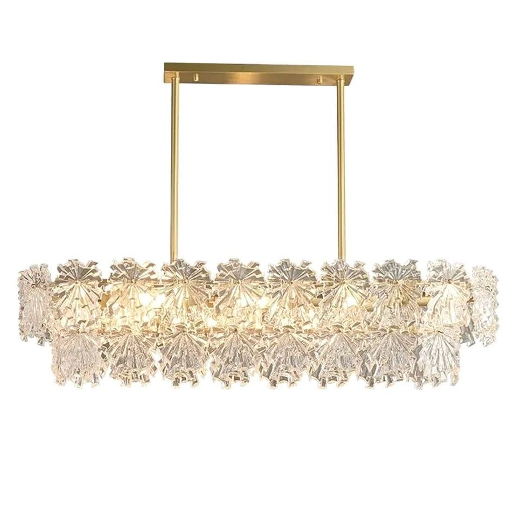 A rectangular chandelier with multiple tiers of clear, leaf-shaped glass elements hanging from a gold-colored metal frame.