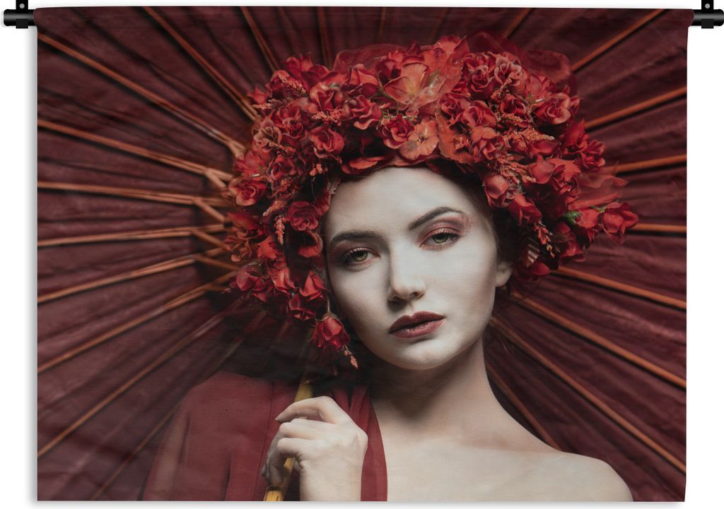 MuchoWow Wandteppich Wandbehang Frau - Rot - Porträt - Regenschirm 90x67.5 cm Tapisserie Dekoration Wandtuch - Fototeppich - Wand-Skulpturen