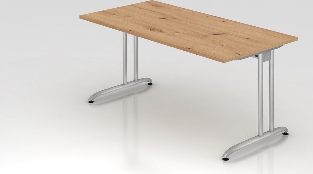 Schreibtisch Markku | Asteiche | BxT 160x80cm | Arbeitshöhe 72cm | höhenjustierbar 0-10 mm | C-Fuß-Gestell Silber | Rechteckform