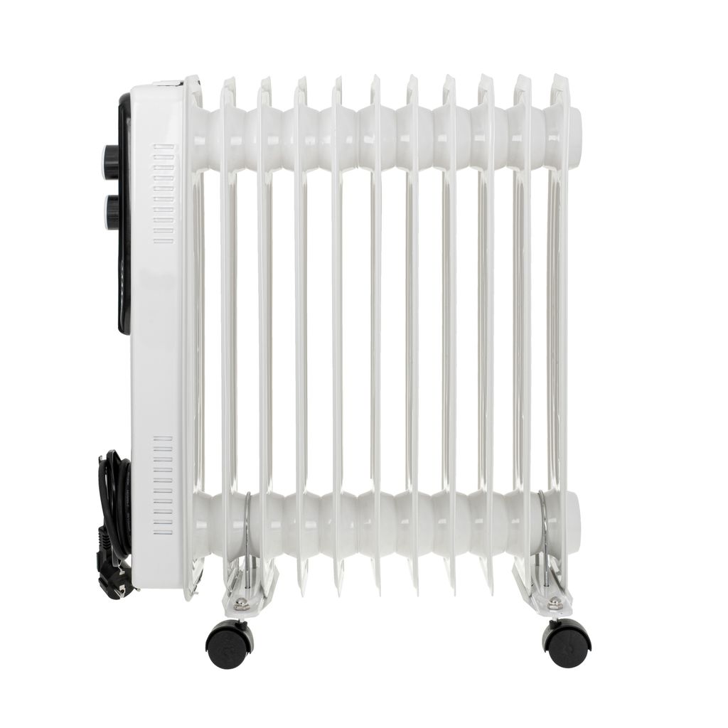 A white oil-filled radiator with black wheels and controls, shown from the side against a white background.