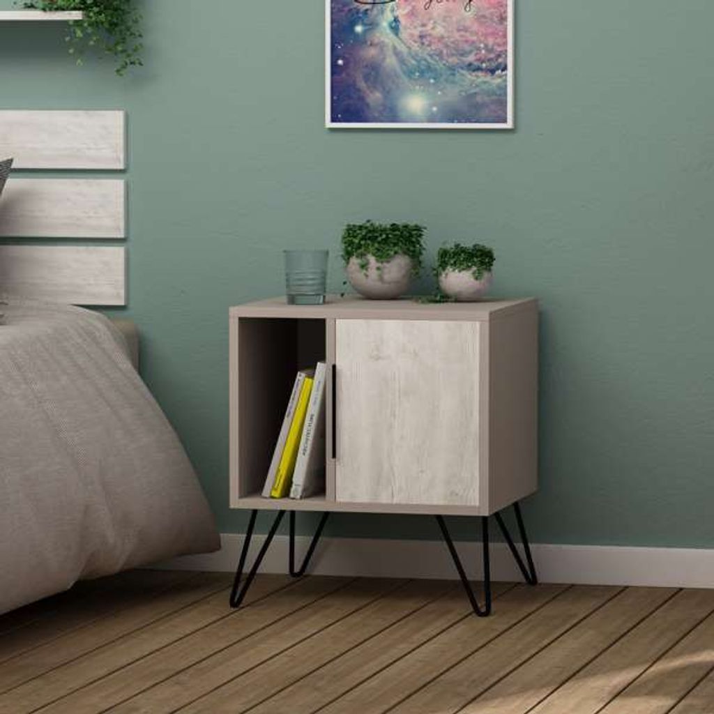 Decortie Glynn Modern Nachttisch Mokka Grau- Altweiß, Schlafzimmermöbel, 50,2 x 44,6 x 58 cm