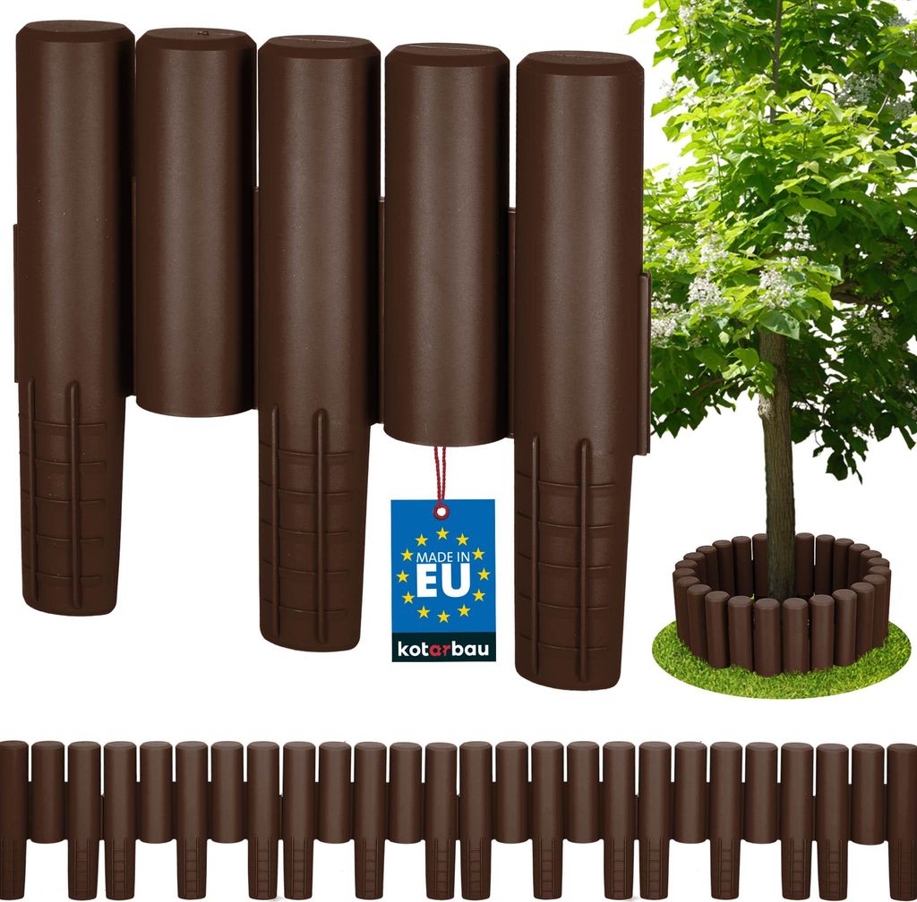 KOTARBAU Rasenkante Gartendeko Gartenzaun 2,7 m Stabile & Flexible Beeteinfassung Palisadenzaun Kunststoffzaun Braun