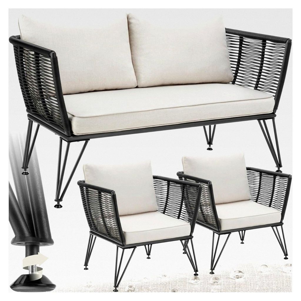 Rattan Lounge Set mit Sofa und 2 Loungesesseln für den Außenbereich
