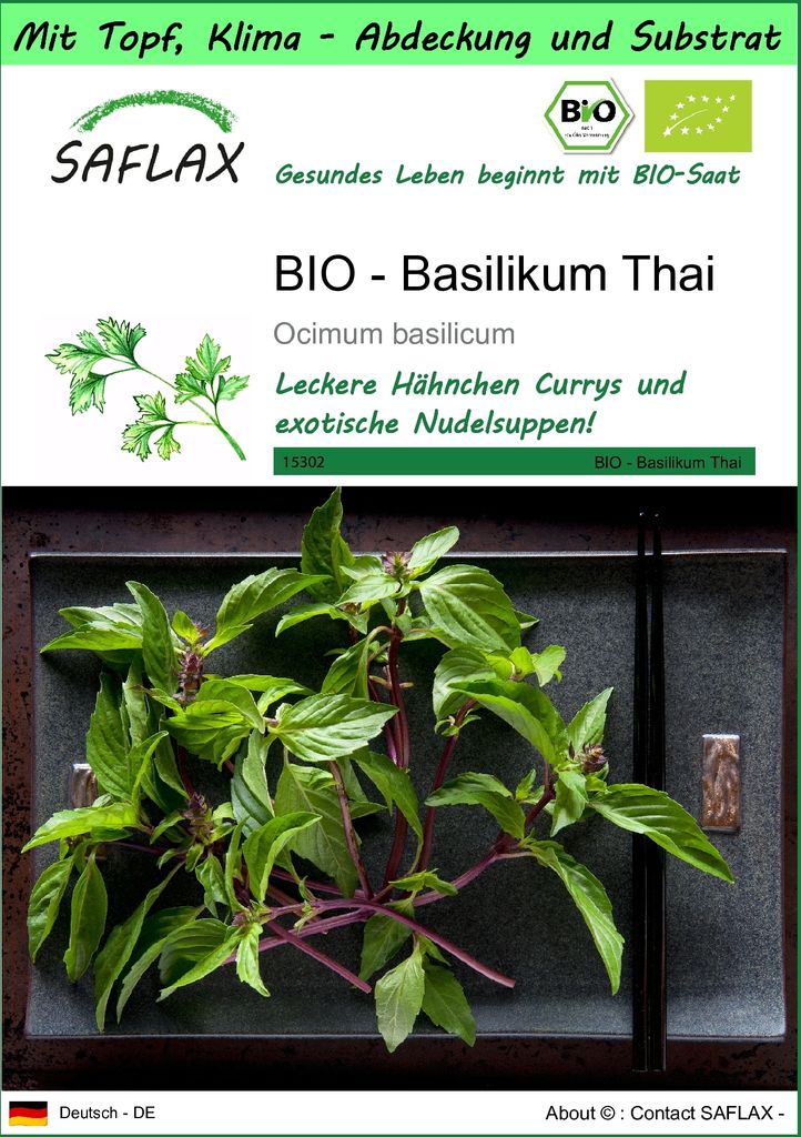 SAFLAX Garden to go - BIO - Basilikum Thai - Ocimum basilicum - 250 Samen - Mit Topf, Klima - Deckel und Anzuchtsubstrat