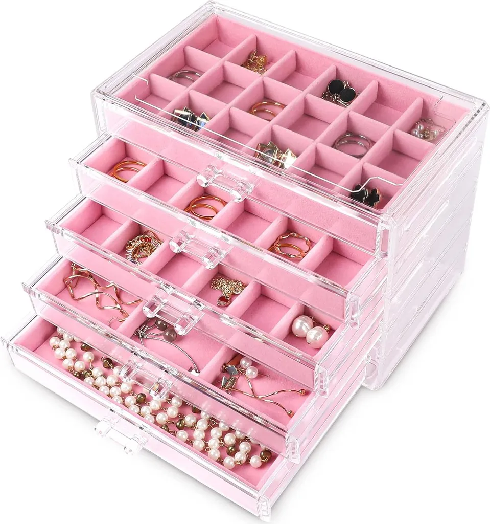 Porte-bijoux en acrylique rose à 5 tiroirs : visibilité maximale
