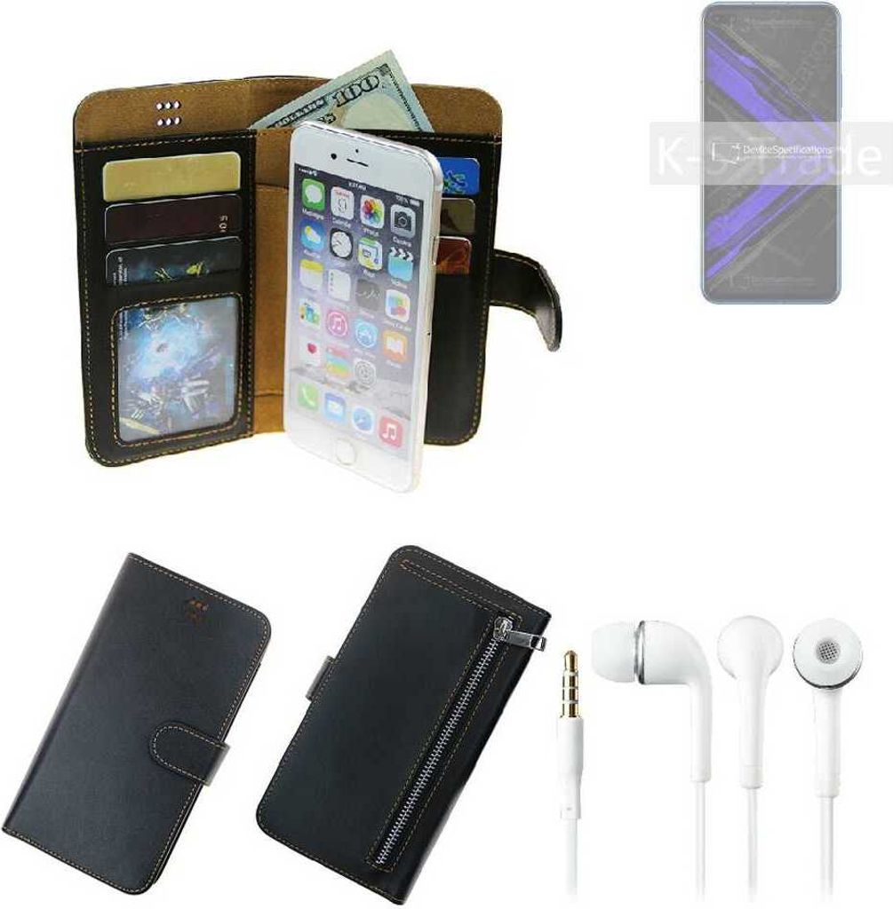 TOP SET Handy Hülle Schutz Hülle kompatibel mit Huawei Honor Play 4 Pro schwarz aus Kunstleder + Kopfhörer Smartphone Tasche vollwertige