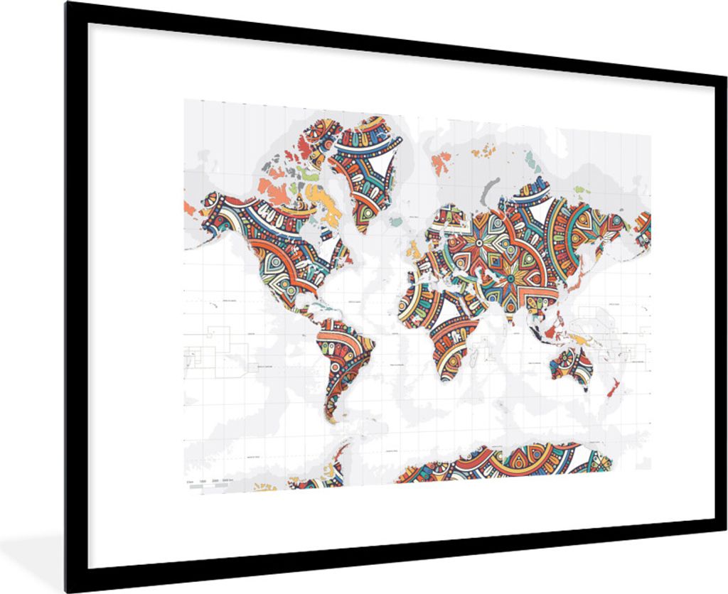 MuchoWow Gerahmtes Poster Weltkarte - Dekoration - Farbenfroh 90x60 cm - Poster mit Schwarzem Bilderrahmen Wandposter Rahmen Foto Bilder - Wandde...