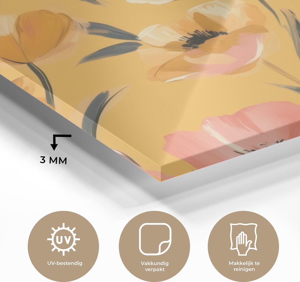 MuchoWow Glasbilder - Bilder auf Wandbild - Foto auf Glas Blumen - Gemalt - Gelb 40x40 cm Wanddekoration aus Glas - Acrylglasbild - Acrylbilder