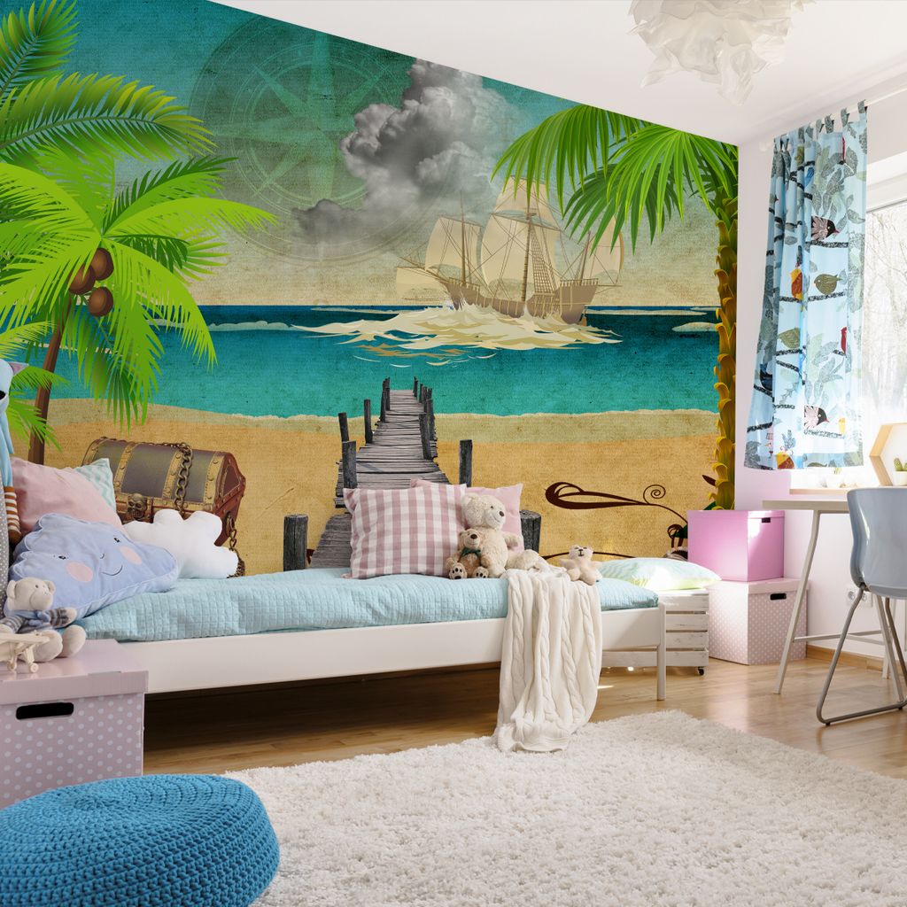 Muralo XXL Selbstklebende FOTOTAPETE OCEAN Beach 3D Effekt Schatzkiste (B) 254 cm x (H) 184 cm Tapete Wandtapete WOHNZIMMER SCHLAFZIMMER 4834