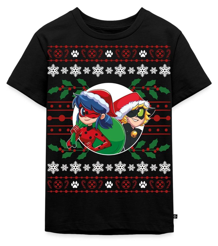Spreadshirt Miraculous Ladybug Und Cat Noir Ugly Christmas Kinder Premium T-Shirt, 98/104 (2 Jahre), Schwarz