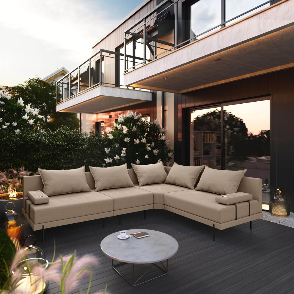TRADA Gartensofa lounge set Bahama M Beige Gartenmöbel set Wasserabweisend Stoff Rechts L-form