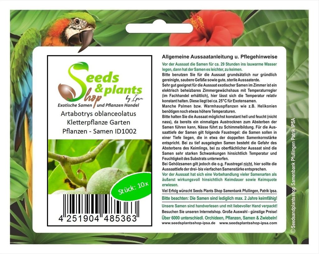 10x Artabotrys oblanceolatus Kletterpflanze Garten Pflanzen - Samen ID1002