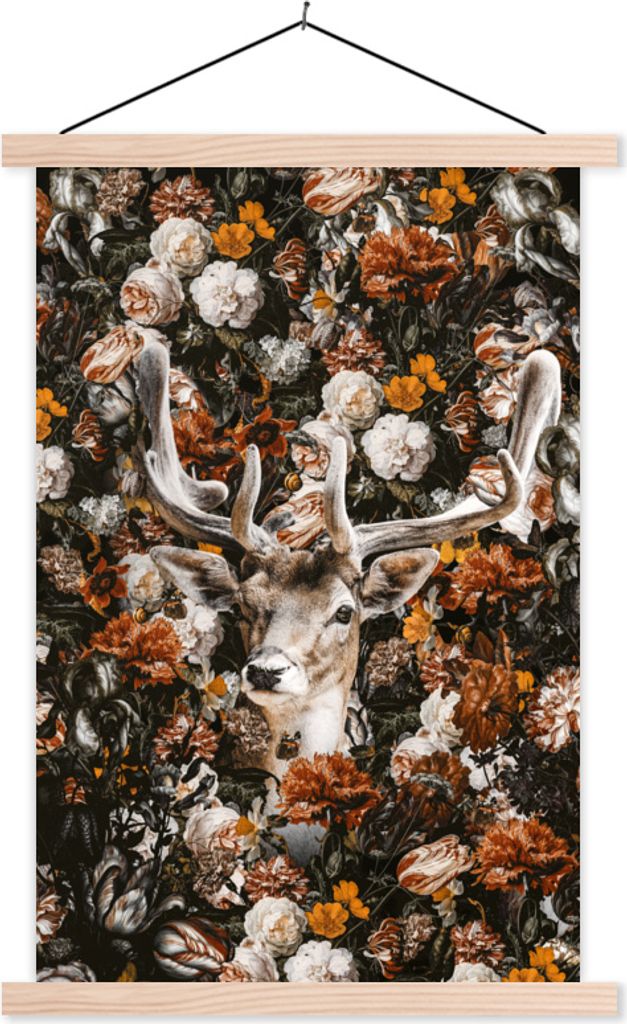 MuchoWow Textilposter Hirsch - Orange - Geweih 120x180 cm mit holzfarbenen Rahmen - Textil-Plakat