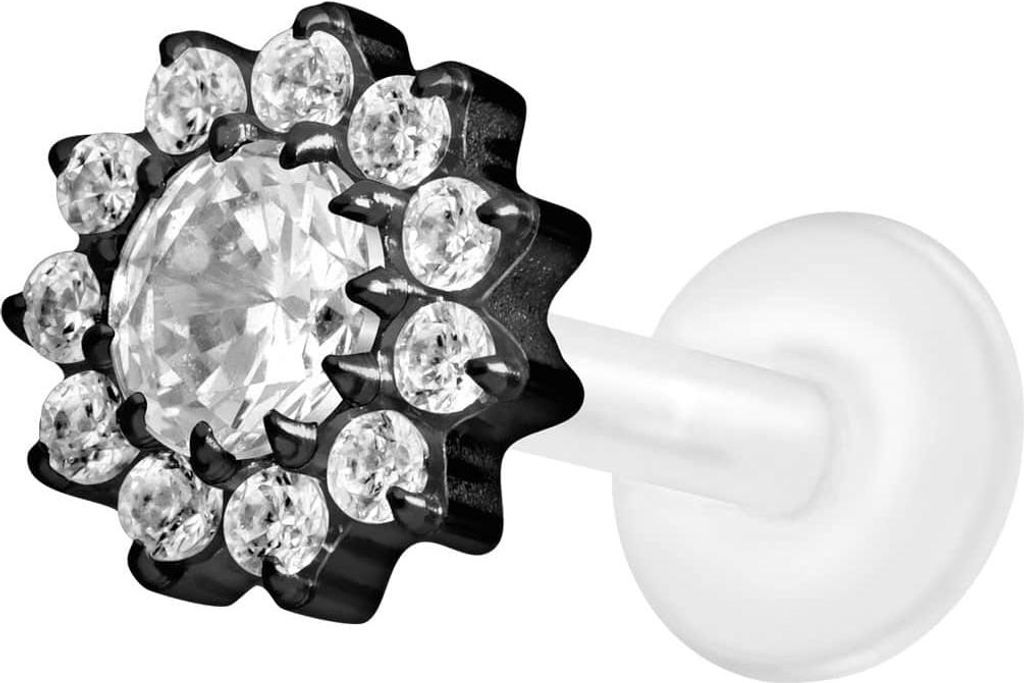 Ohrpiercing, Nasenpiercing PTFE Labret mit Innengewinde + Titan-Aufsatz KRISTALLBLUME Schwarz Stablänge: 9mm | Stabstärke: 1,2mm