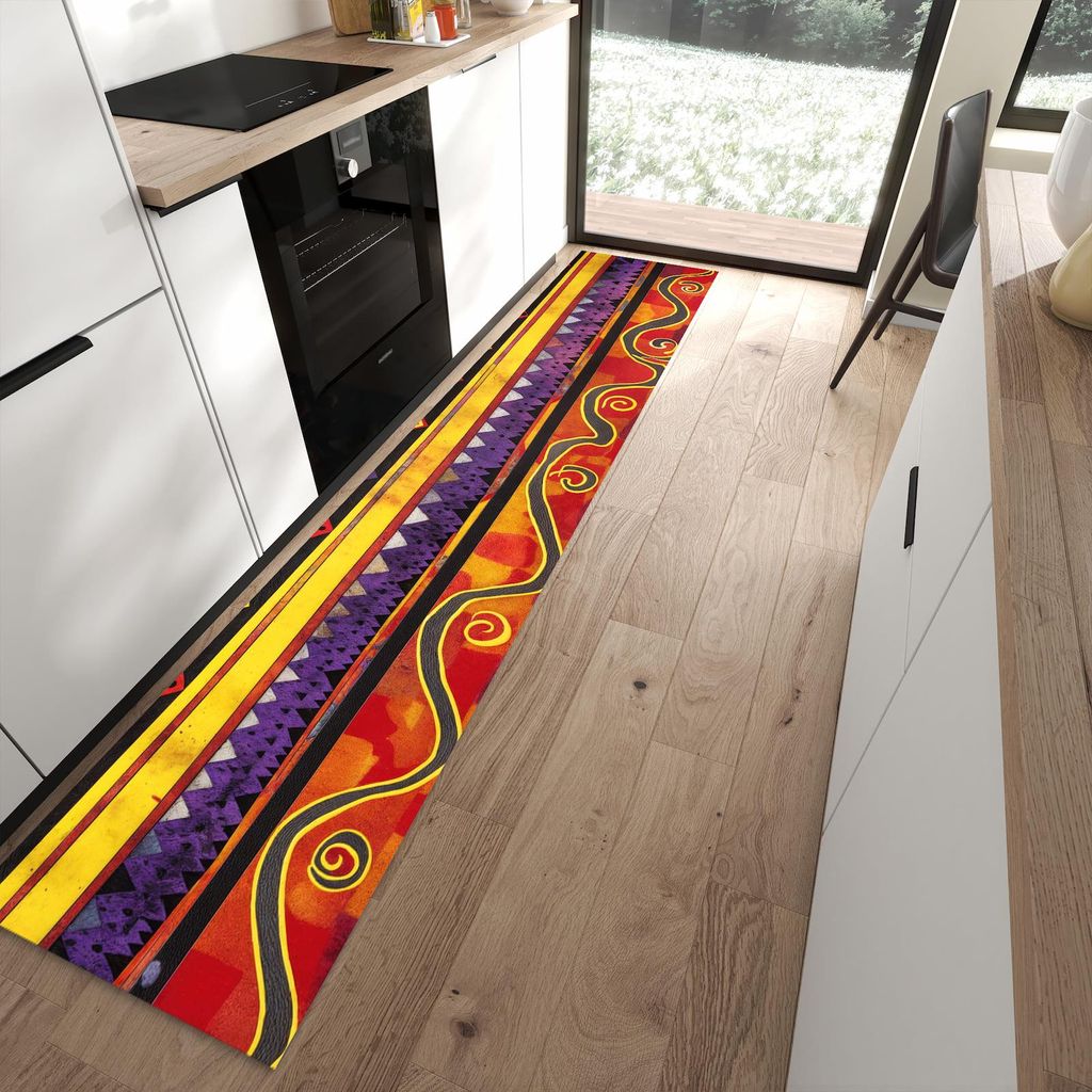 Küchenteppich 60x300cm rutschfest & abwischbar PVC Läufer - Ethno Muster Schwarz Rot