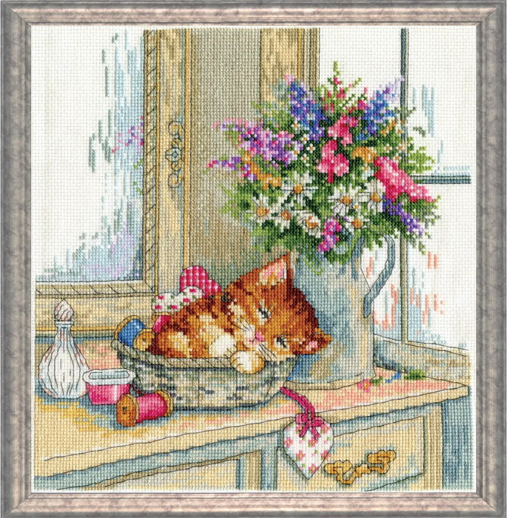 Design Works Kit Ricamo Punto Croce Gatto 25x25cm Schema Contato